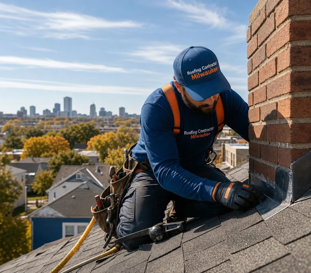 Milwaukee roofer inspecting chimney flashing on a residential asphalt shingle roof with tools and safety gear visible