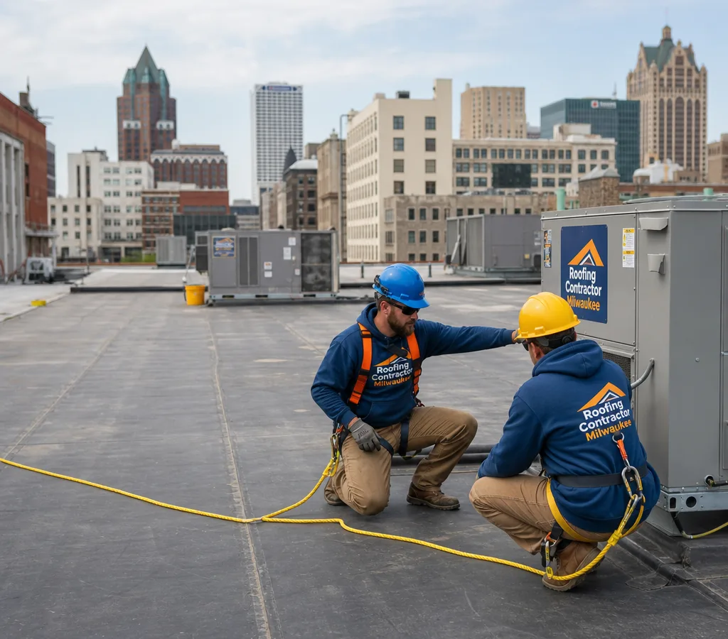 Commercial crew inspecting a Milwaukee flat roof near rooftop units with safety lines and downtown buildings in the background