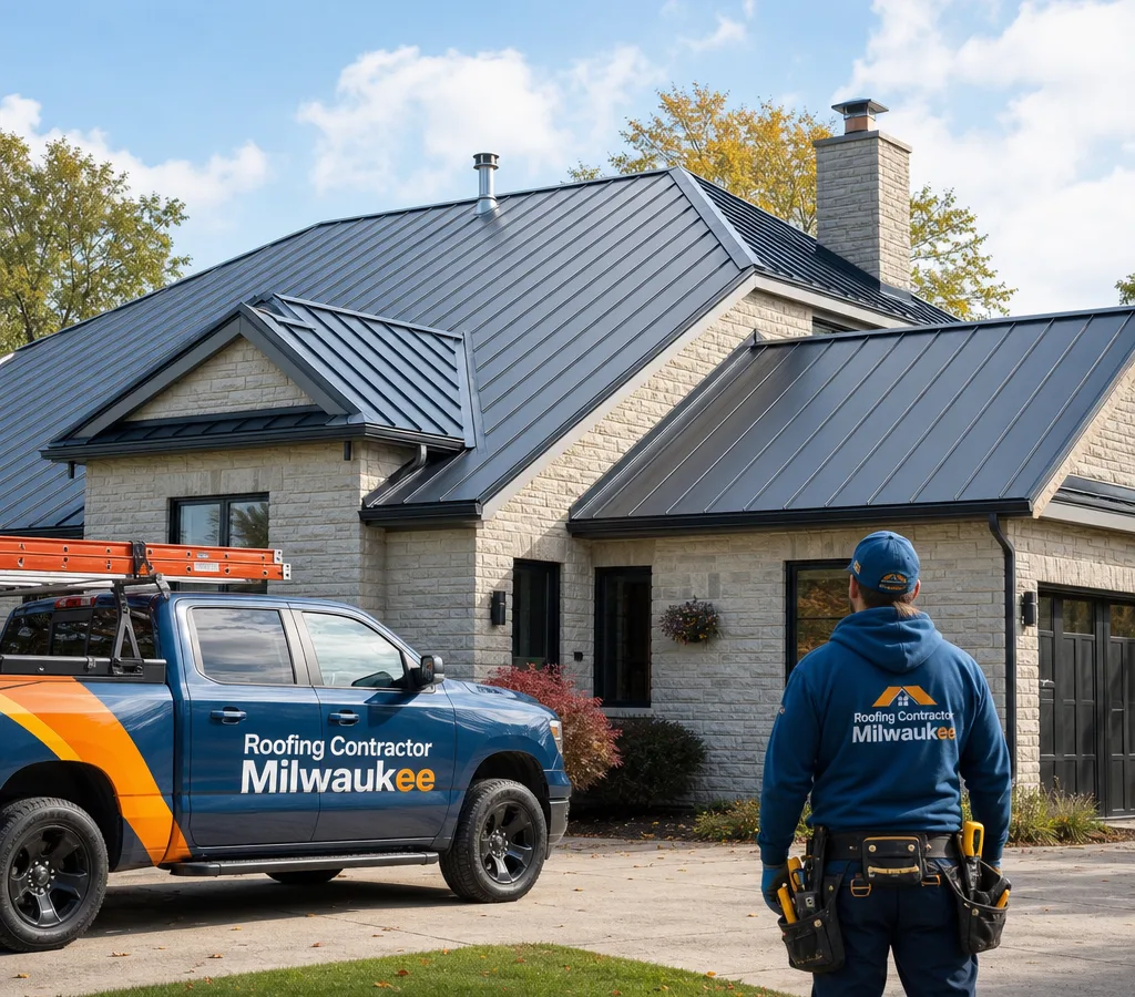 Residential Milwaukee home with a newly installed standing seam metal roof, crisp seams, clean eaves, and finished ridge cap