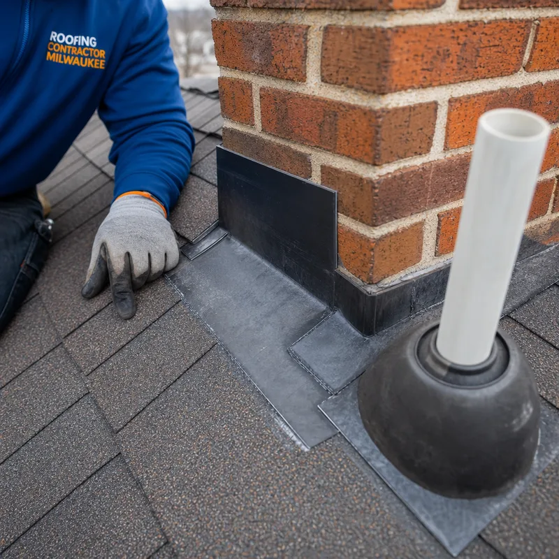 Roof chimney step flashing, counterflashing, and an adjacent plumbing vent boot