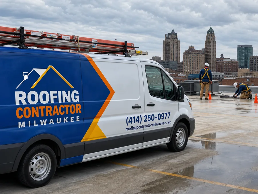 Roofing crew installing walkway pads and flashing transitions around rooftop HVAC curbs